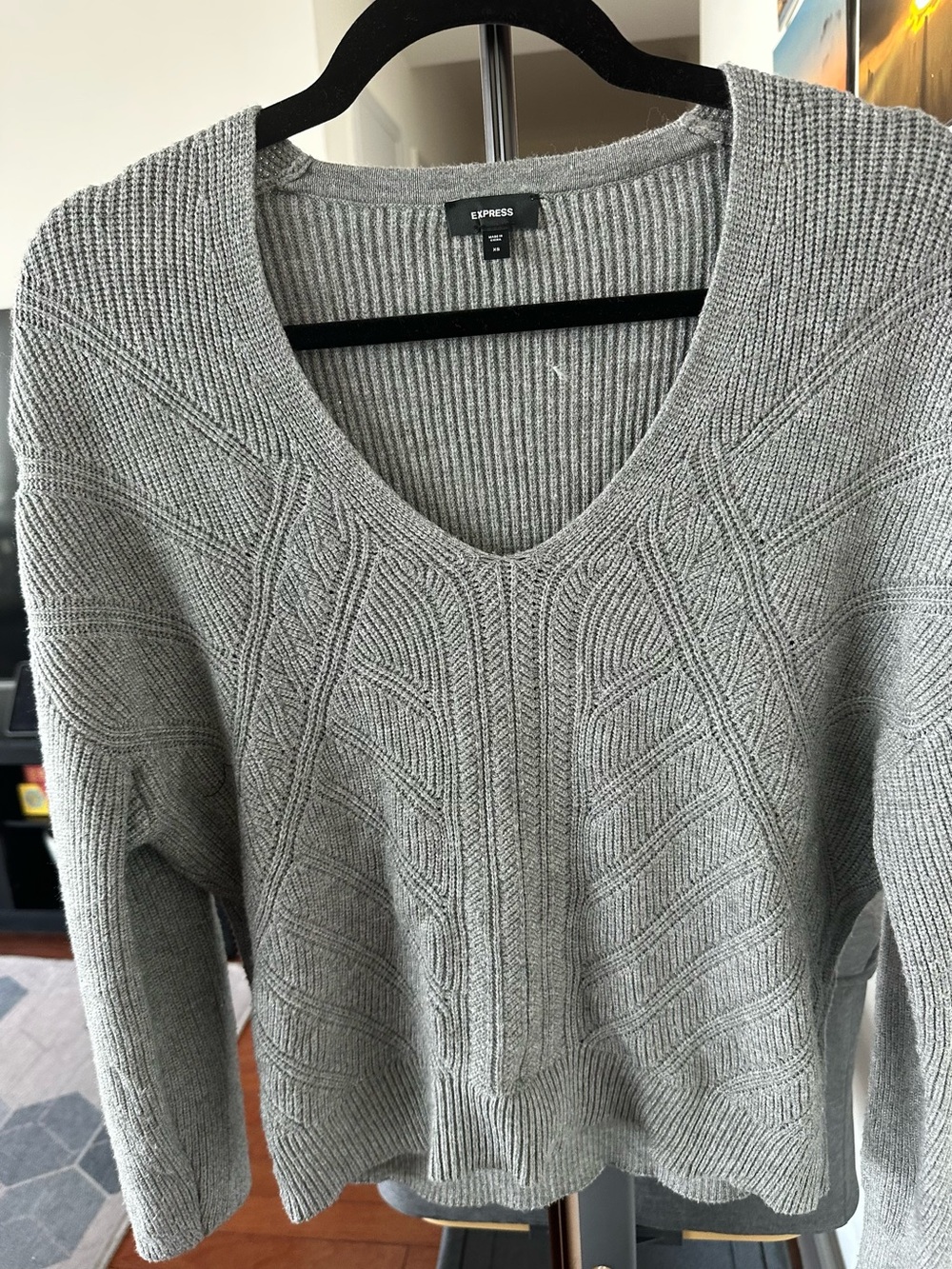 Express Gray Cable-Knit V-Neck Sweater